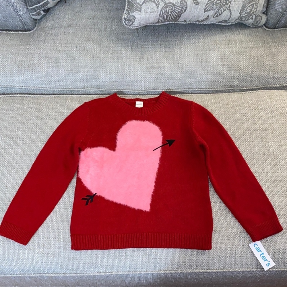 Carter's Vibrant Red Sweater with Fuzzy Pink Heart